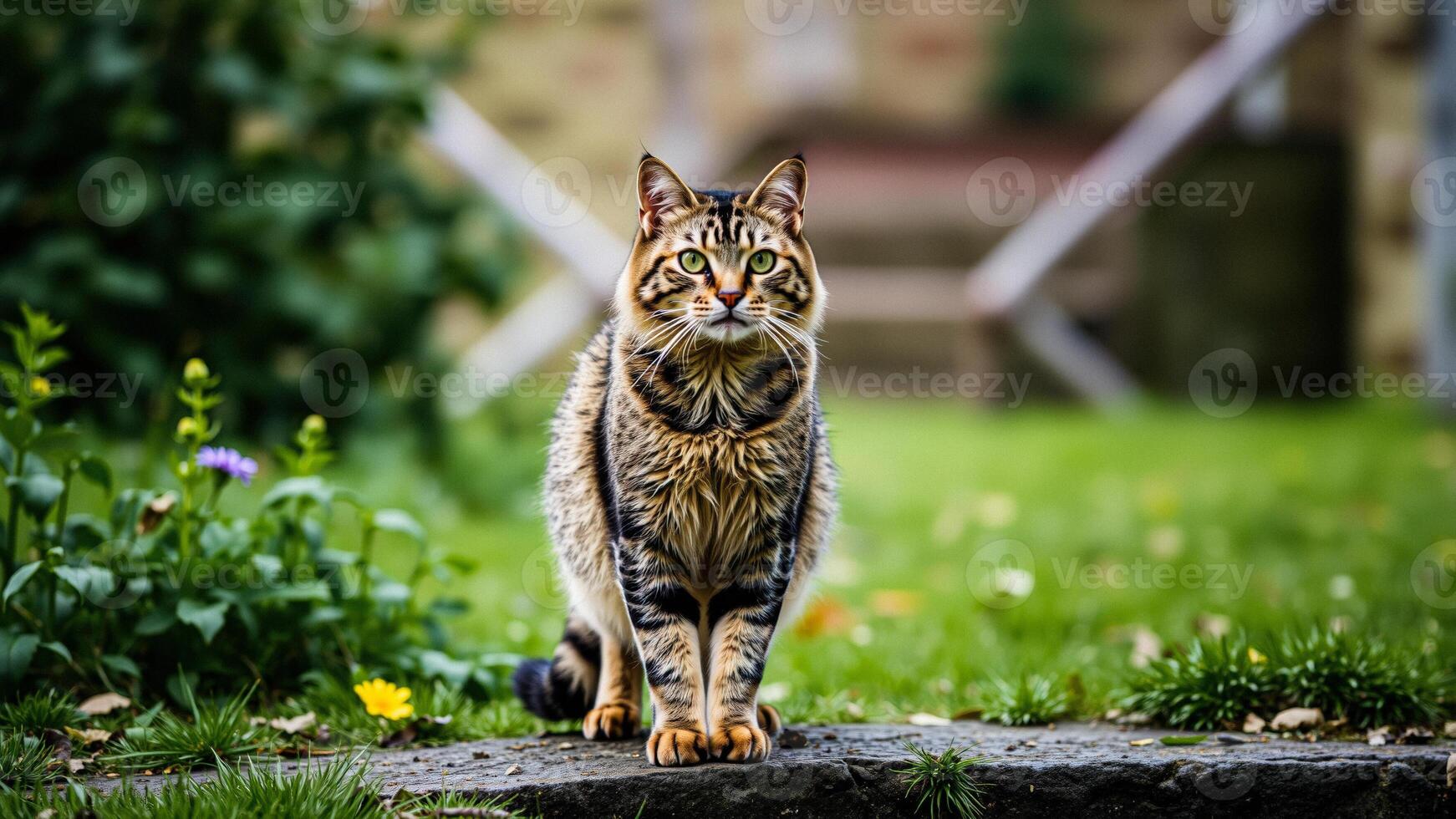 Tabby Cat Sitting on a Rock in a Garden photo