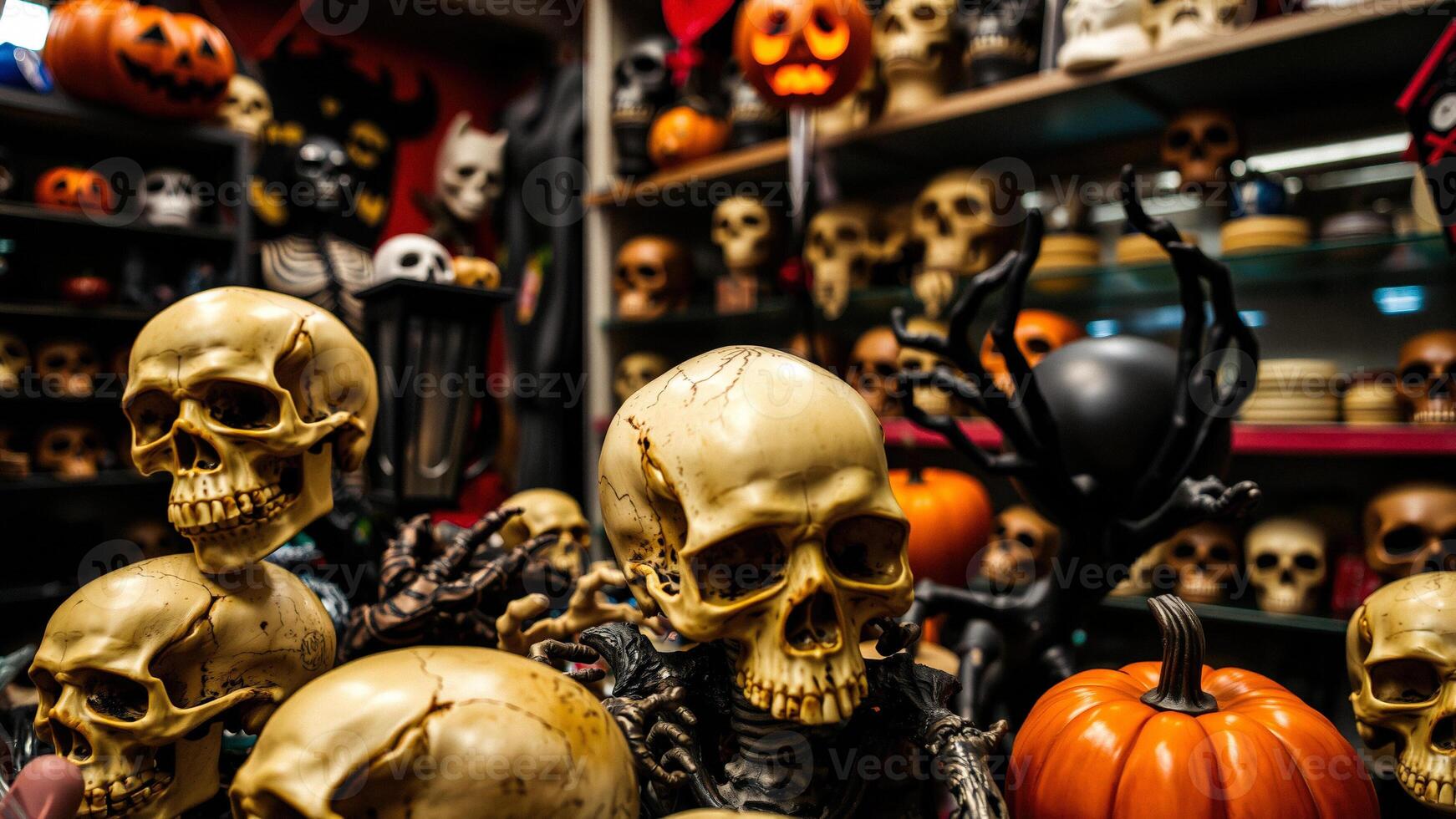 Halloween Skulls and Pumpkins on a Shelf photo