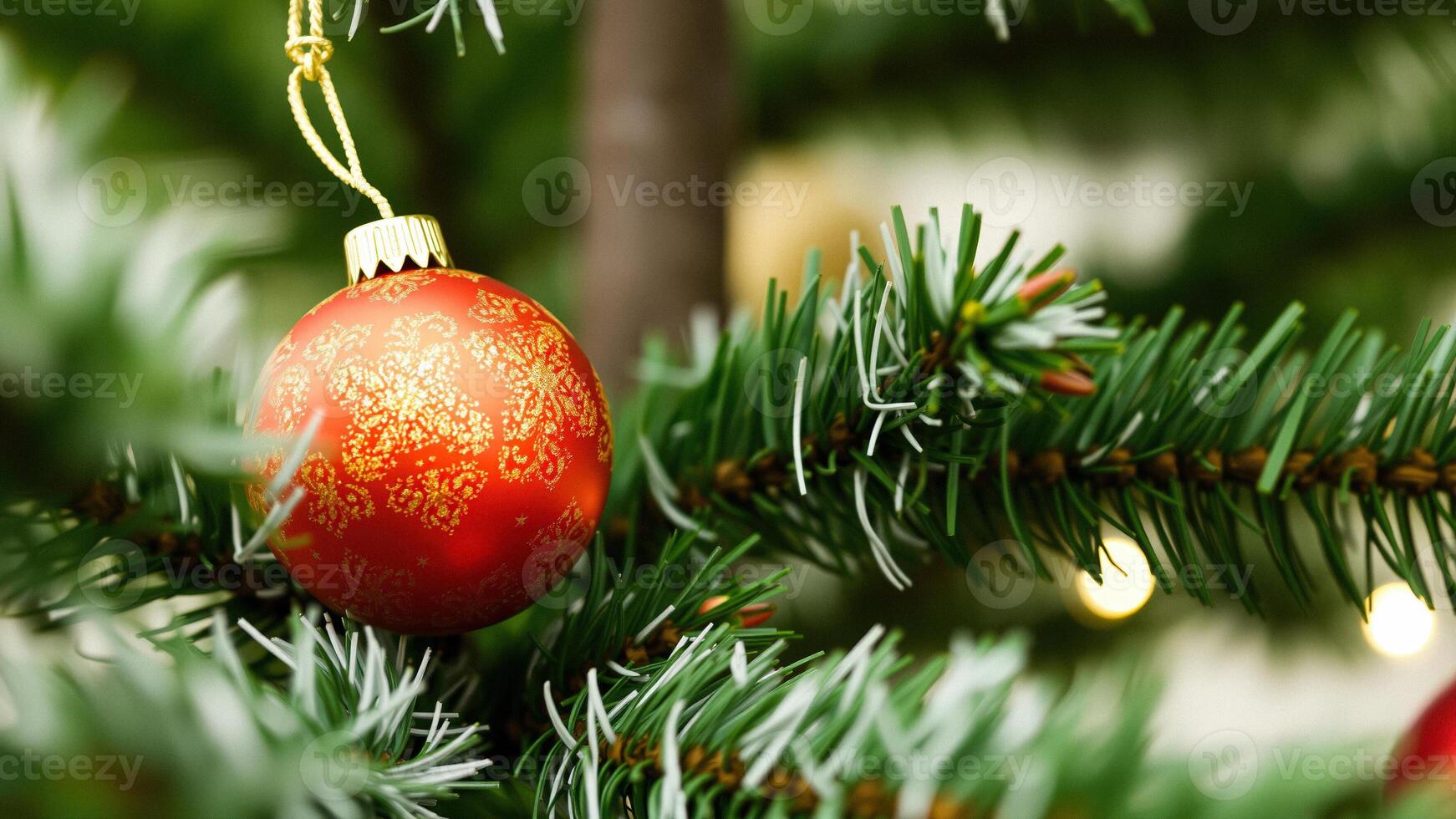 Red Christmas Ornament on a Green Christmas Tree photo