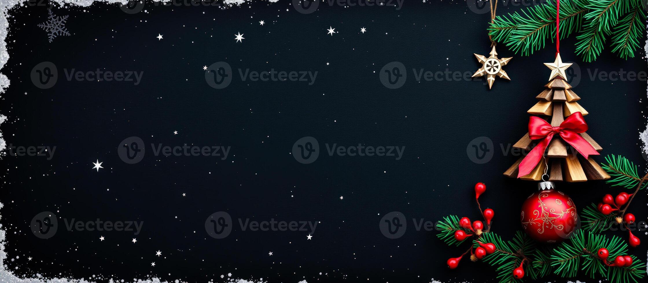 Christmas background with wooden tree and red ornaments on black background photo