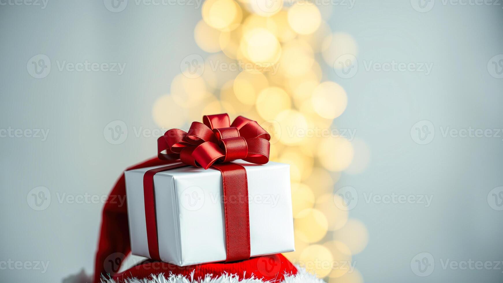 Gift Box with Red Bow and Ribbon on Santa Hat with Bokeh Background photo