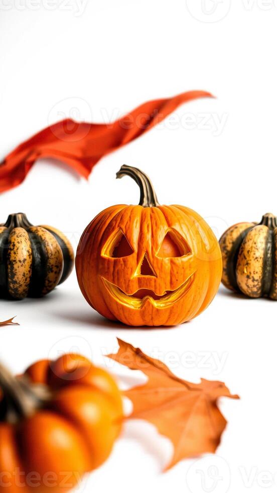 Halloween Jack-O-Lantern with Pumpkins and Autumn Leaf photo