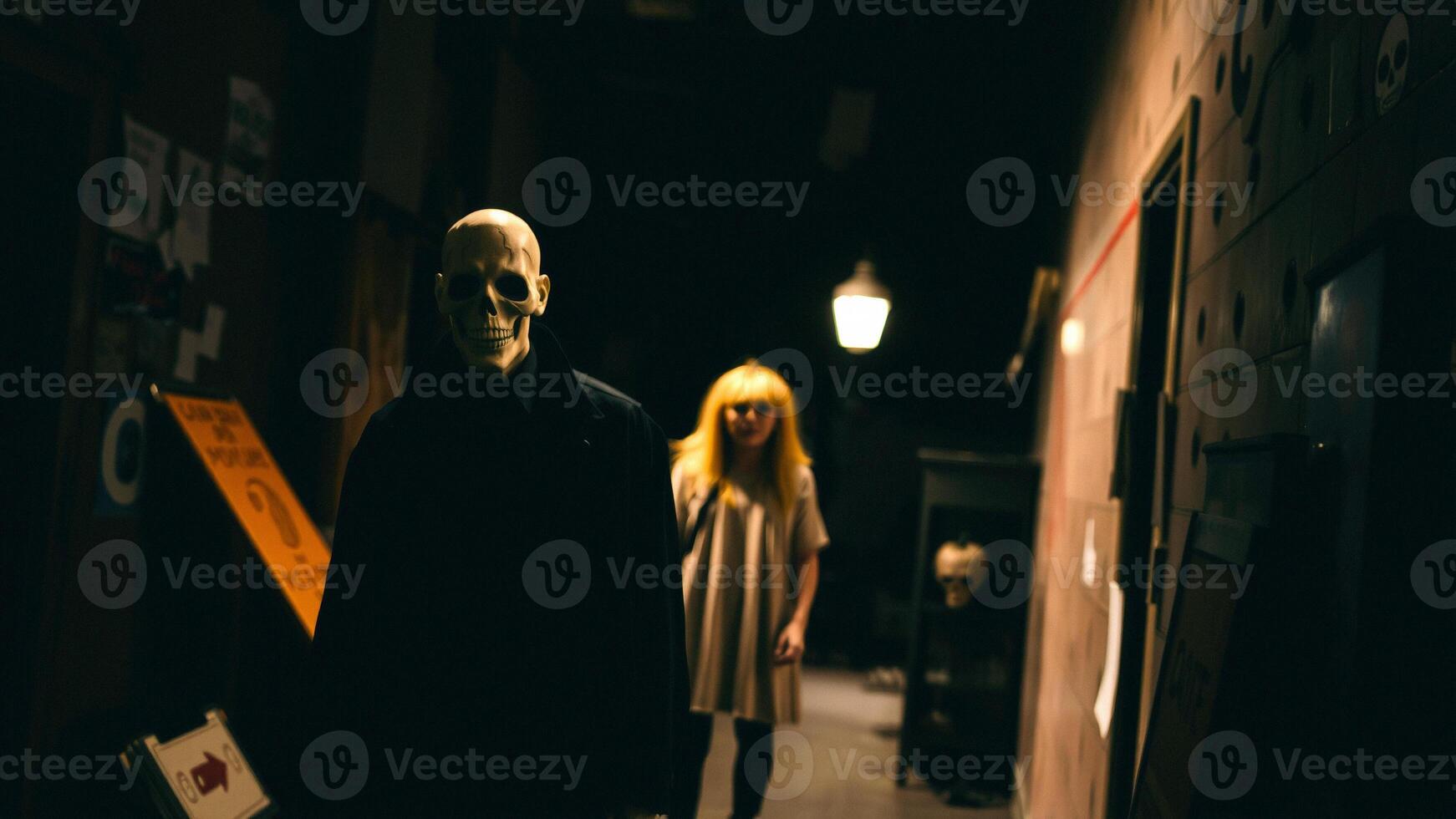 Man in a Skull Mask Stands in a Dark Hallway photo