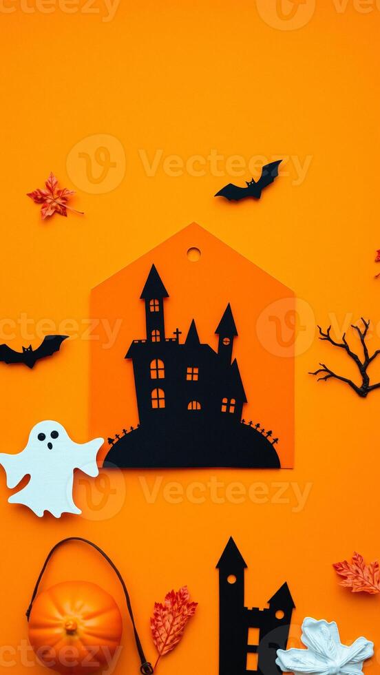 Halloween Background with Spooky House, Bats and Ghost photo