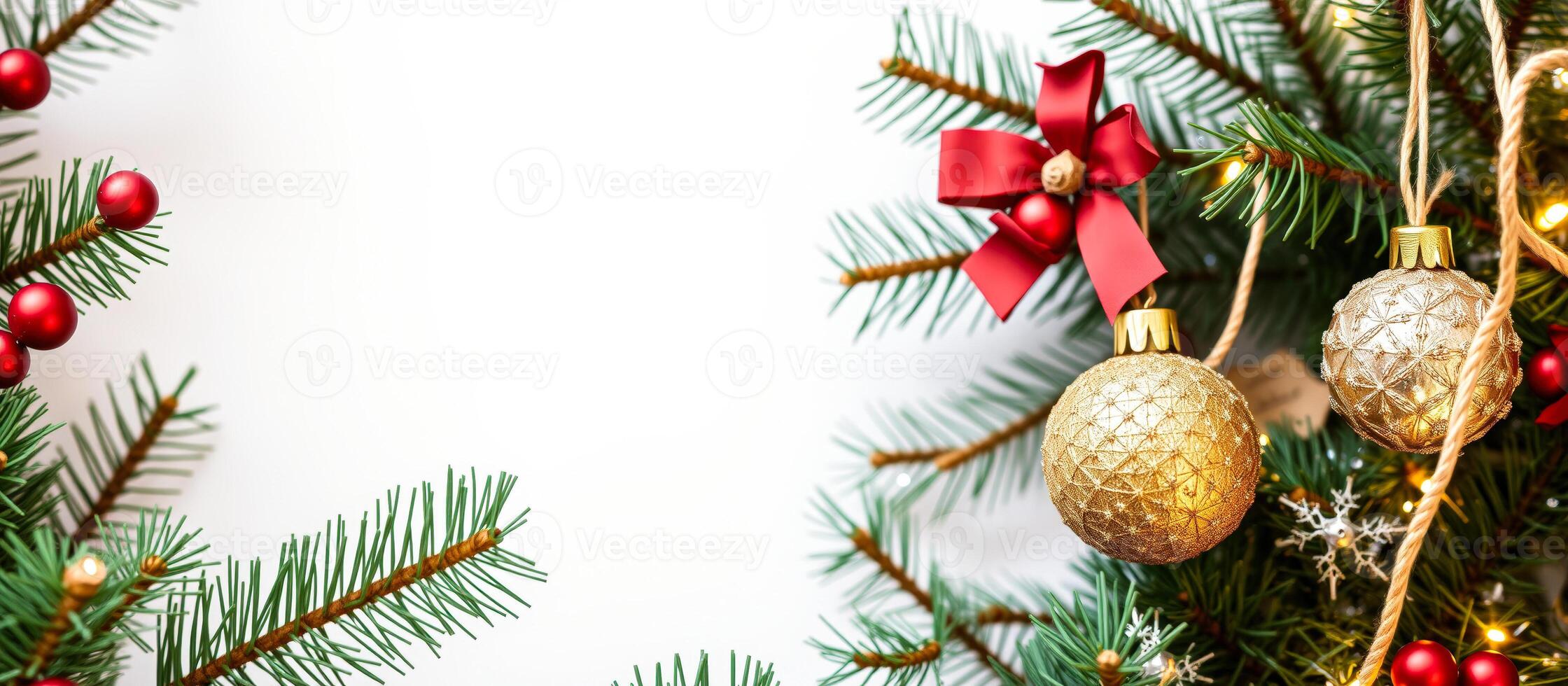 Christmas tree branch with gold ornaments and red ribbon photo