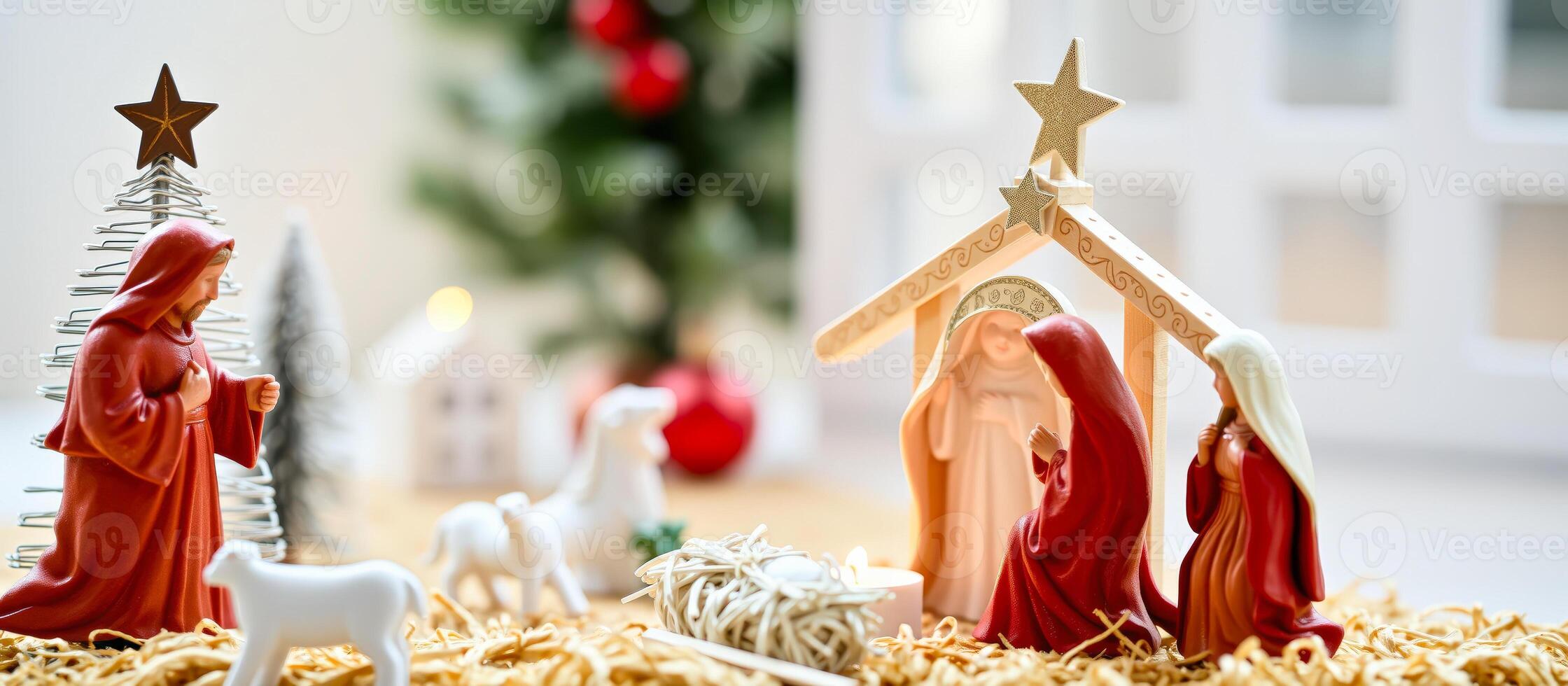 Nativity Scene with Christmas Tree and Star photo