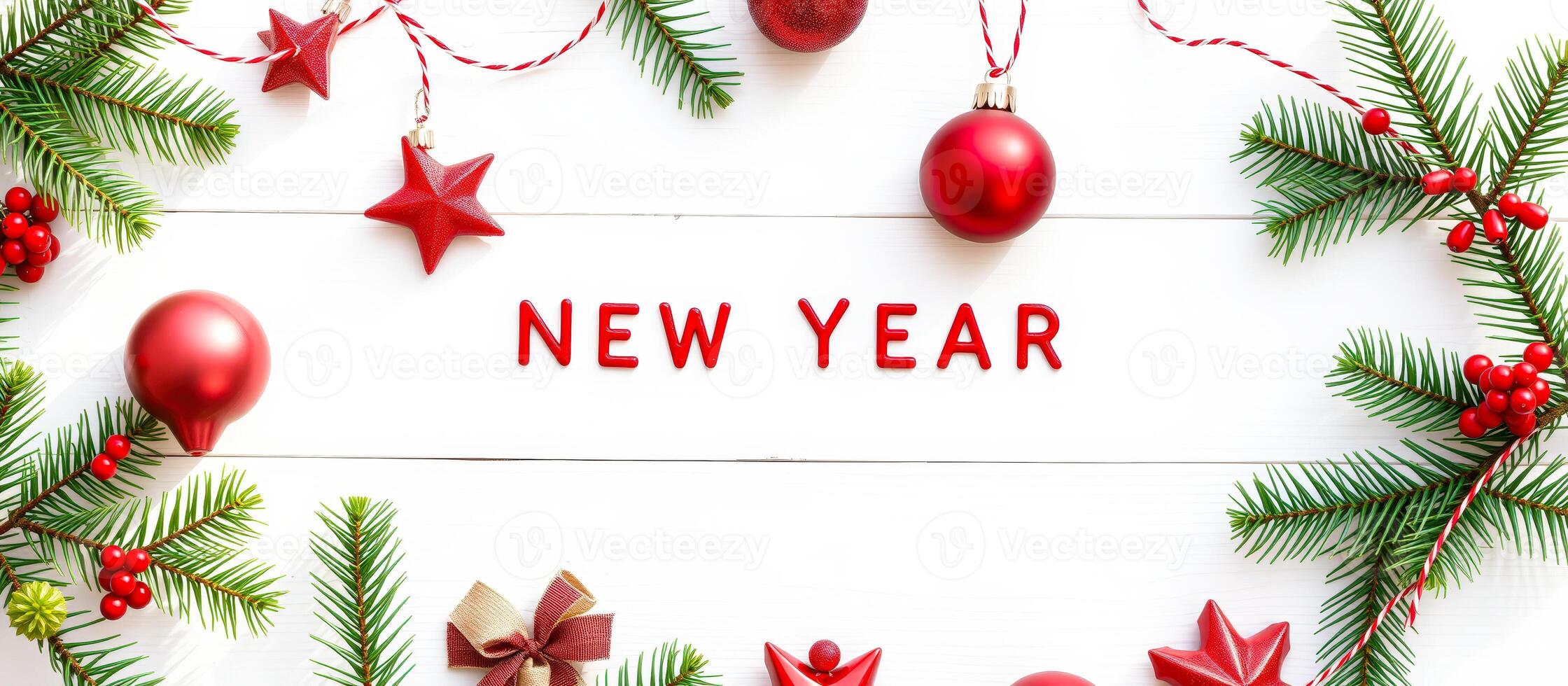 New Year Festive Background with Red Ornaments and Pine Branches photo