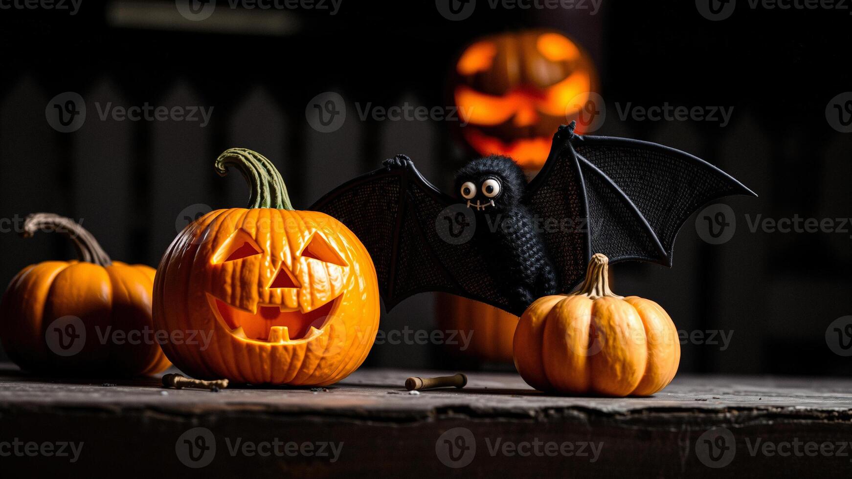 Halloween Pumpkins and Bat photo