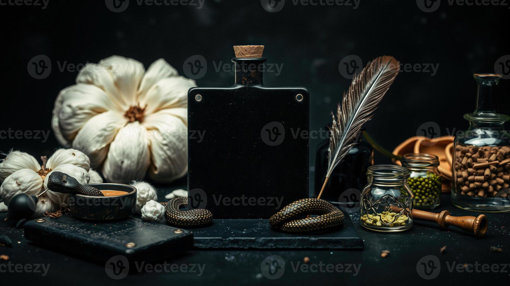 Dark and Moody Still Life with Black Bottle, Snake and Feather photo