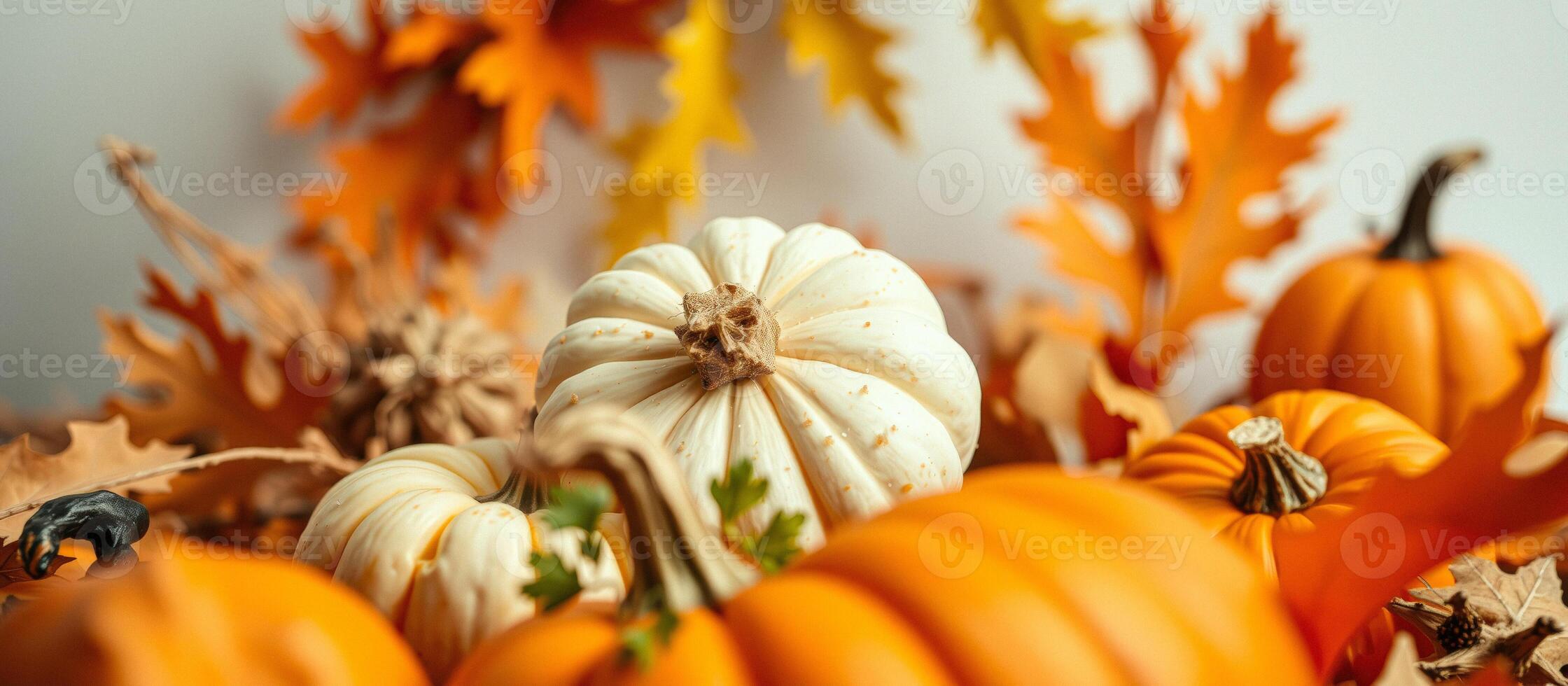 Closeup of a group of pumpkins with fall leaves in the background photo