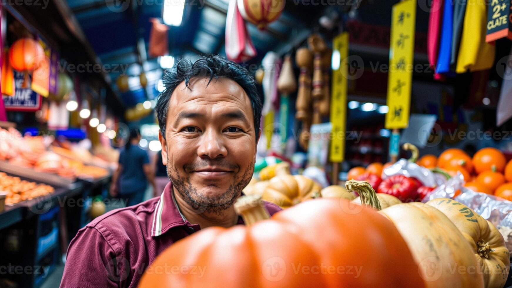 Happy Man in Market with Pumpkins photo