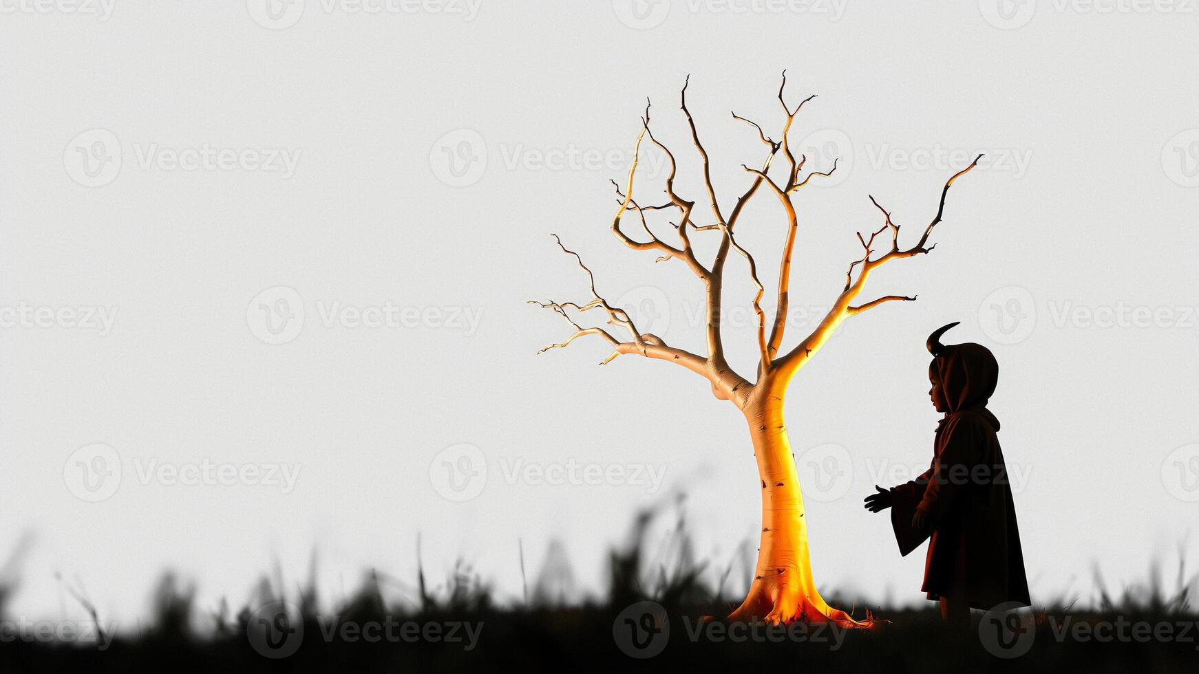 Silhouette of a Child Dressed as a Devil Standing in Front of a Glowing Tree photo