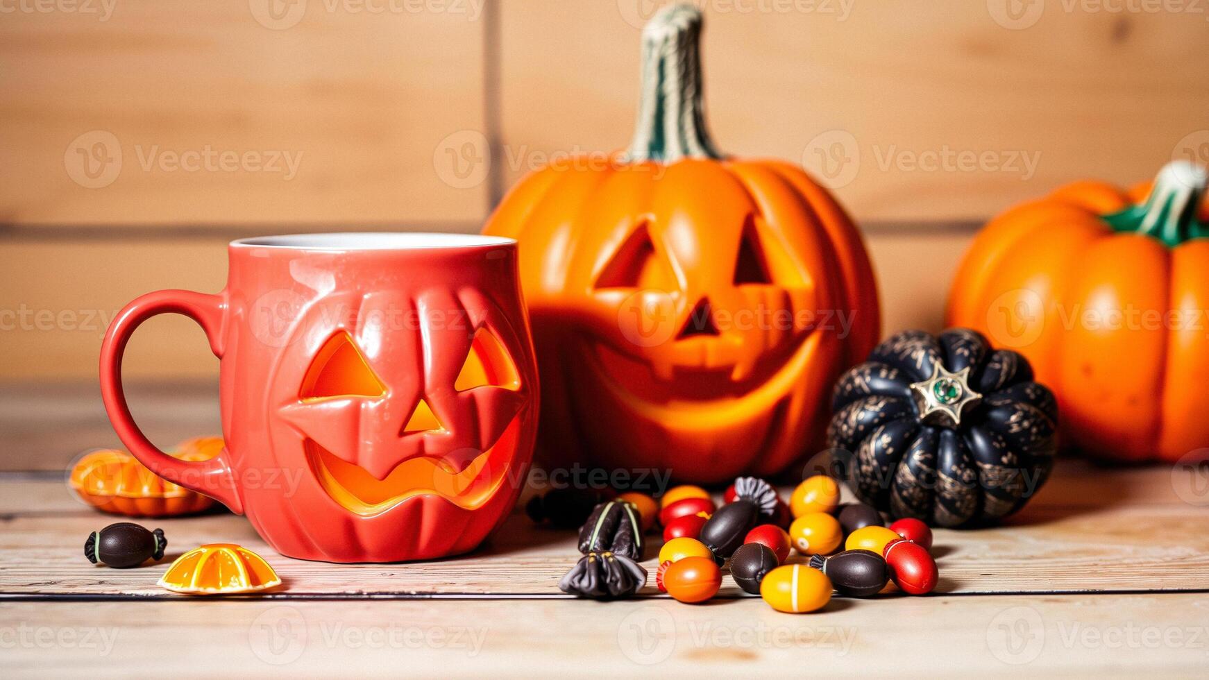 Jack-O-Lantern Mug and Pumpkins on Wooden Table photo