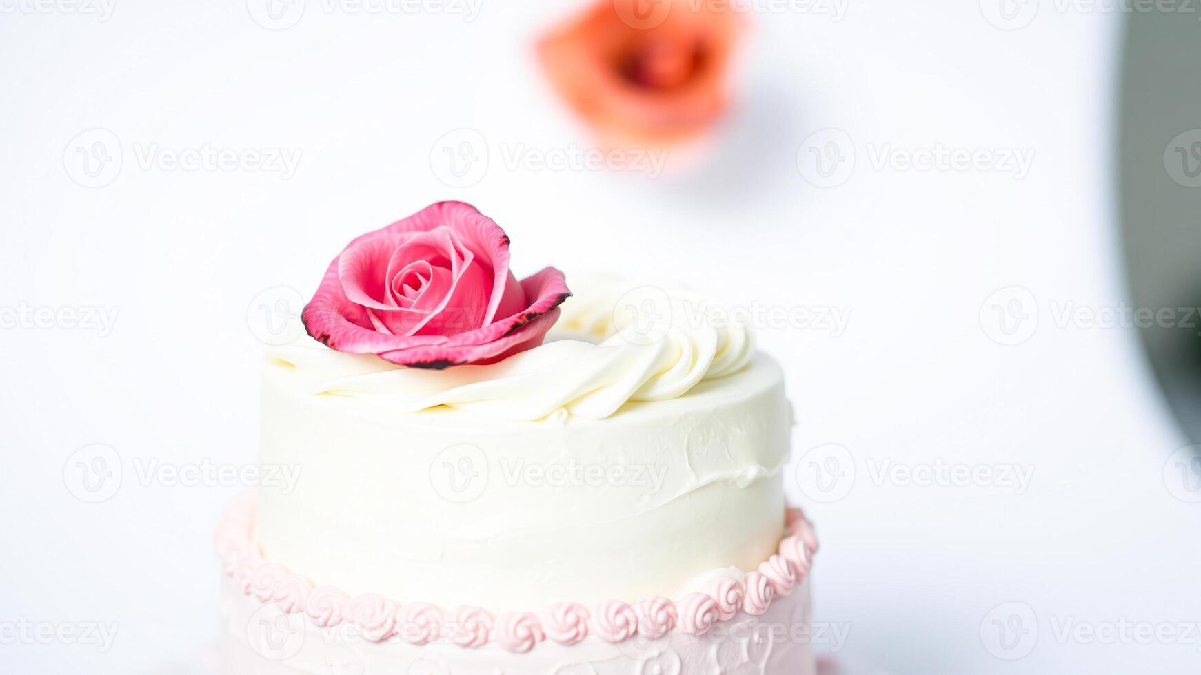 Elegant White Cake with Pink Rose Decoration photo