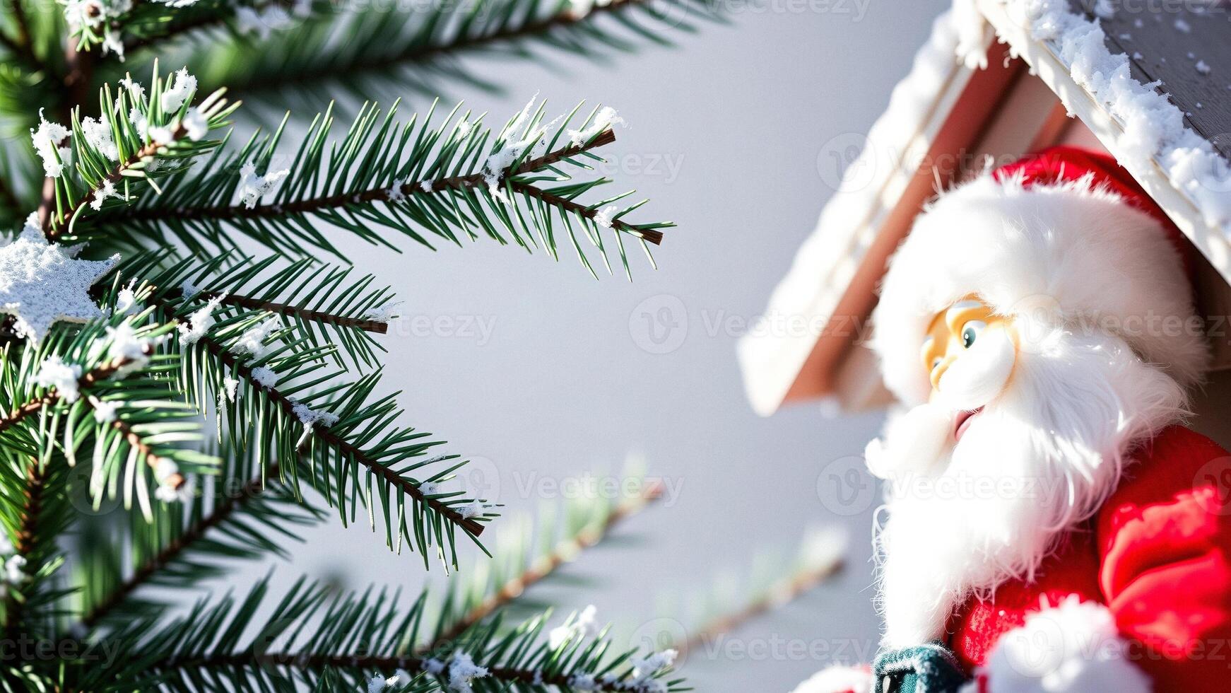 Santa Claus peeking from behind snowy pine branches photo