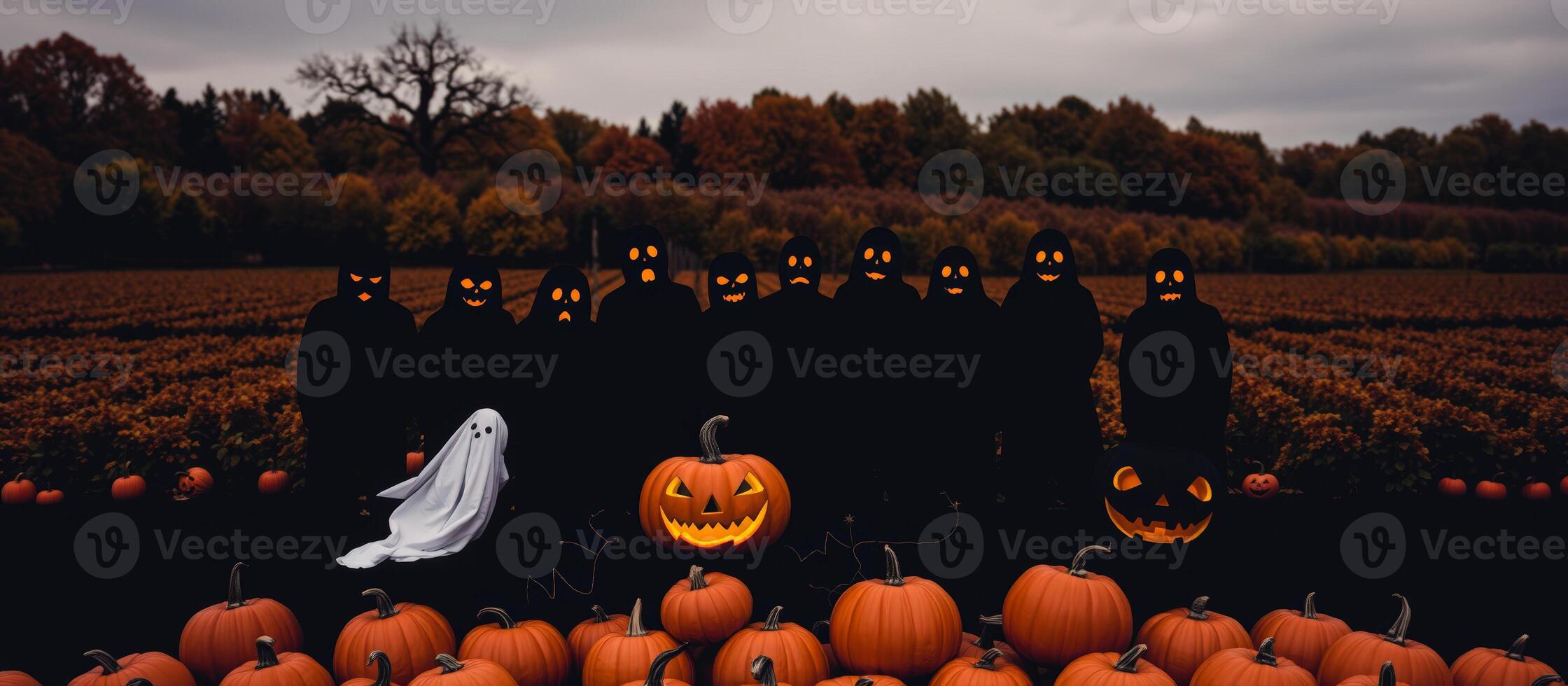 Halloween Pumpkins and Ghosts in a Field photo