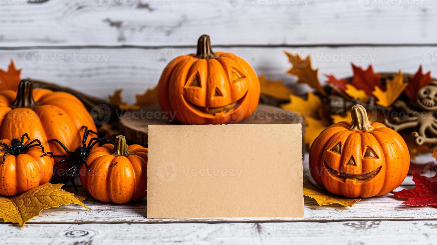 Halloween pumpkins with blank card on white wooden background photo