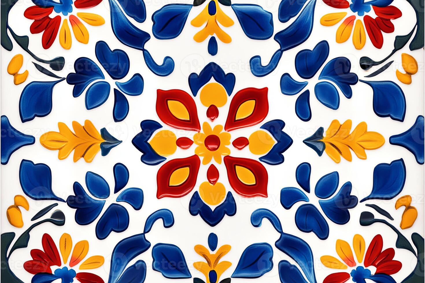 Colorful traditional Spanish tile pattern with bold floral and geometric motifs in red, blue, and yellow photo