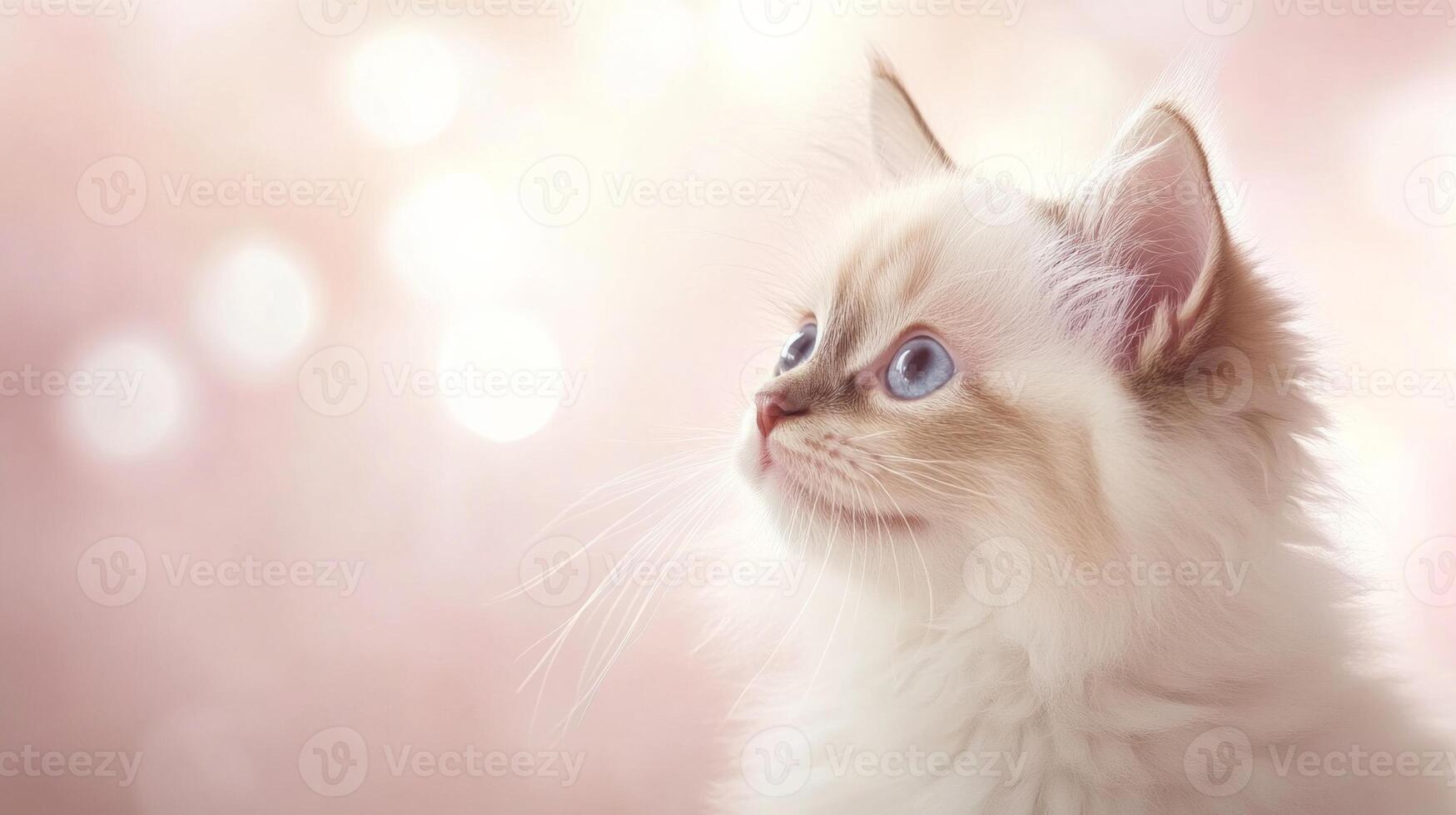 Adorable Ragdoll kitten with striking blue eyes, gazing softly against a pastel pink bokeh background photo