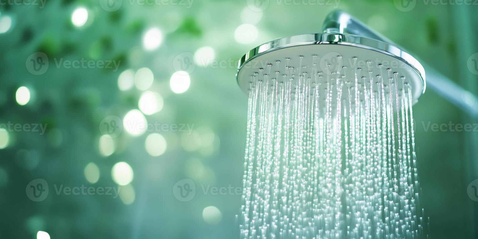Refreshing water streams from a modern rainfall showerhead, set against a soothing green bokeh background. photo
