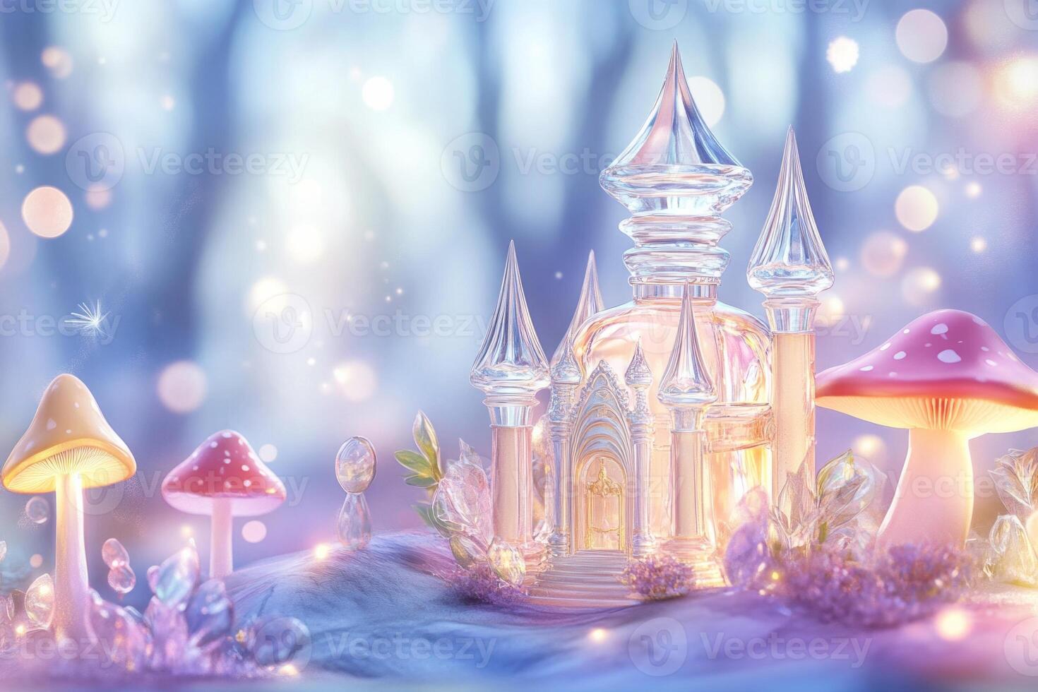 A whimsical perfume bottle designed like a fairy tale castle, glowing with magical light photo