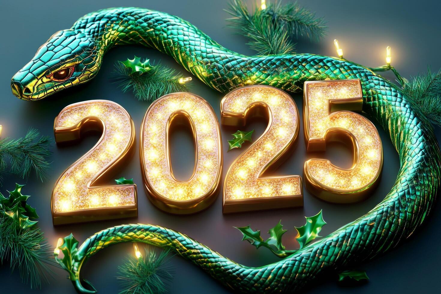 The bold golden numbers 2025 are intertwined with a sleek green and gold snake photo