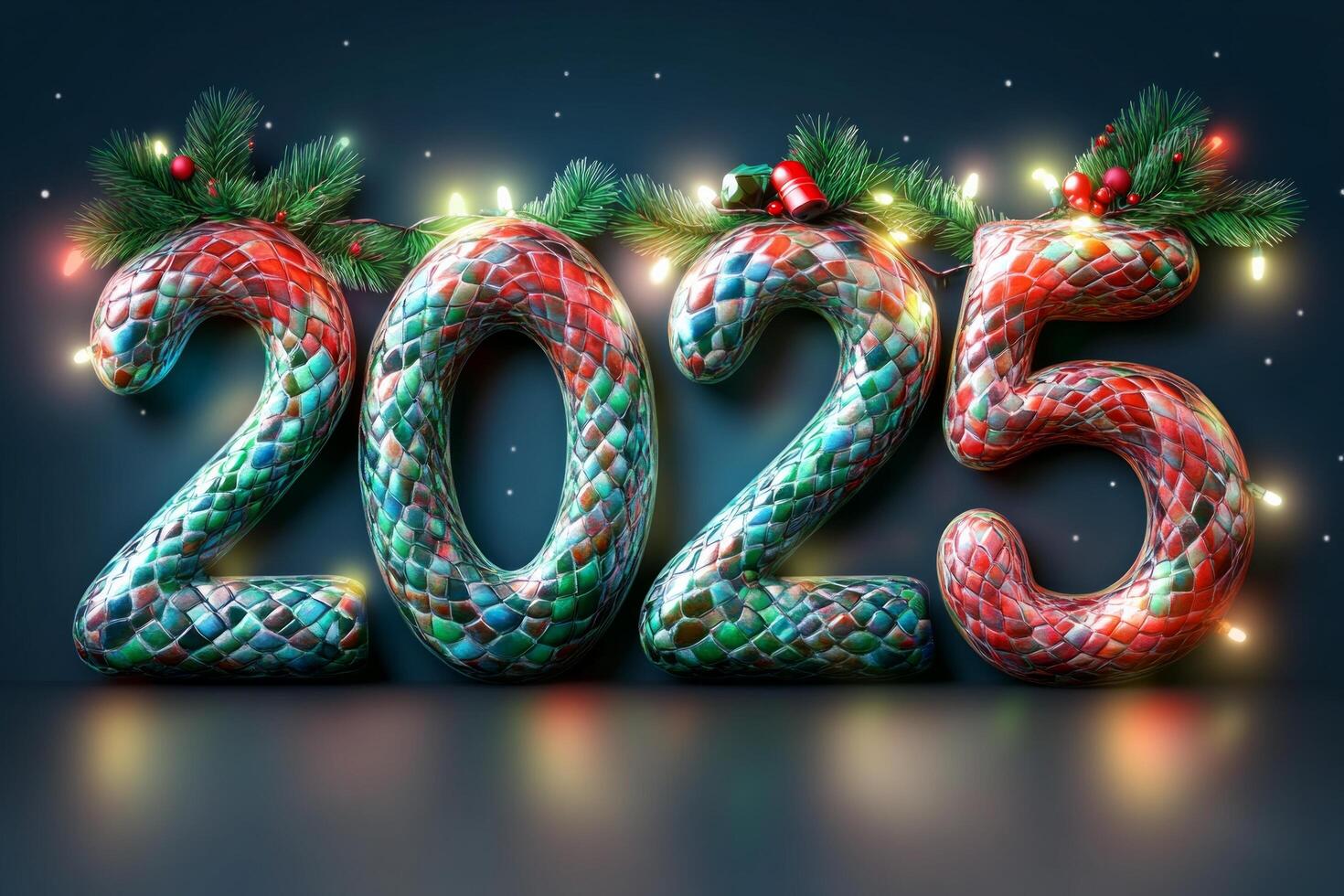 The bold numbers 2025 feature a colorful, scaly texture resembling a snake, decorated with pine branches photo