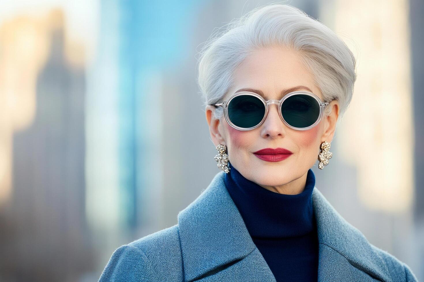 A stylish senior woman in her 60s with silver hair, wearing round sunglasses, a chic blue coat, and elegant earrings photo