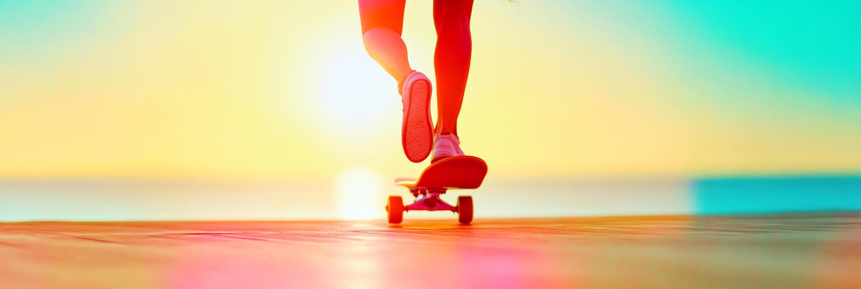 A dynamic image of a person skateboarding at sunset, with warm sunlight reflecting on the pavement photo