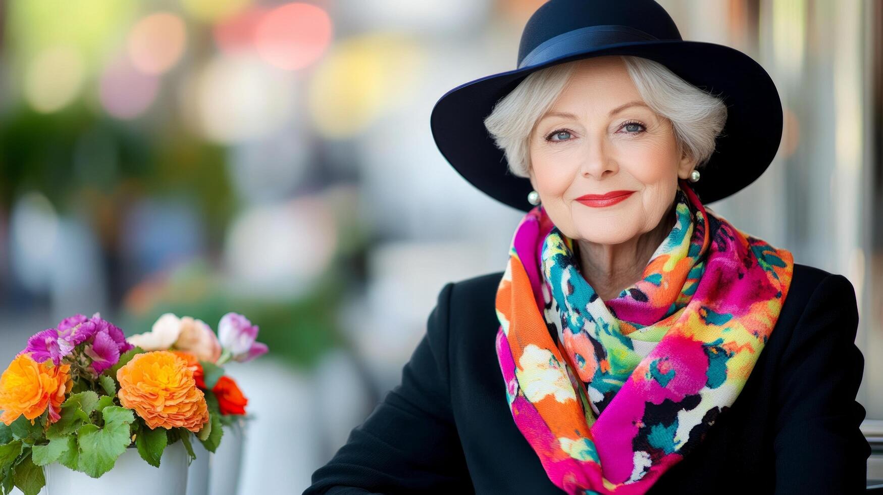 A stylish senior woman, likely in her 70s, with silver hair and a colorful scarf, wearing a chic hat and a black coat photo