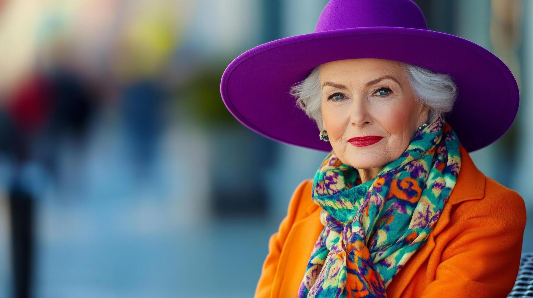 A stylish senior woman in her 70s, with silver hair, wearing a vibrant purple hat, orange coat, and colorful scarf photo