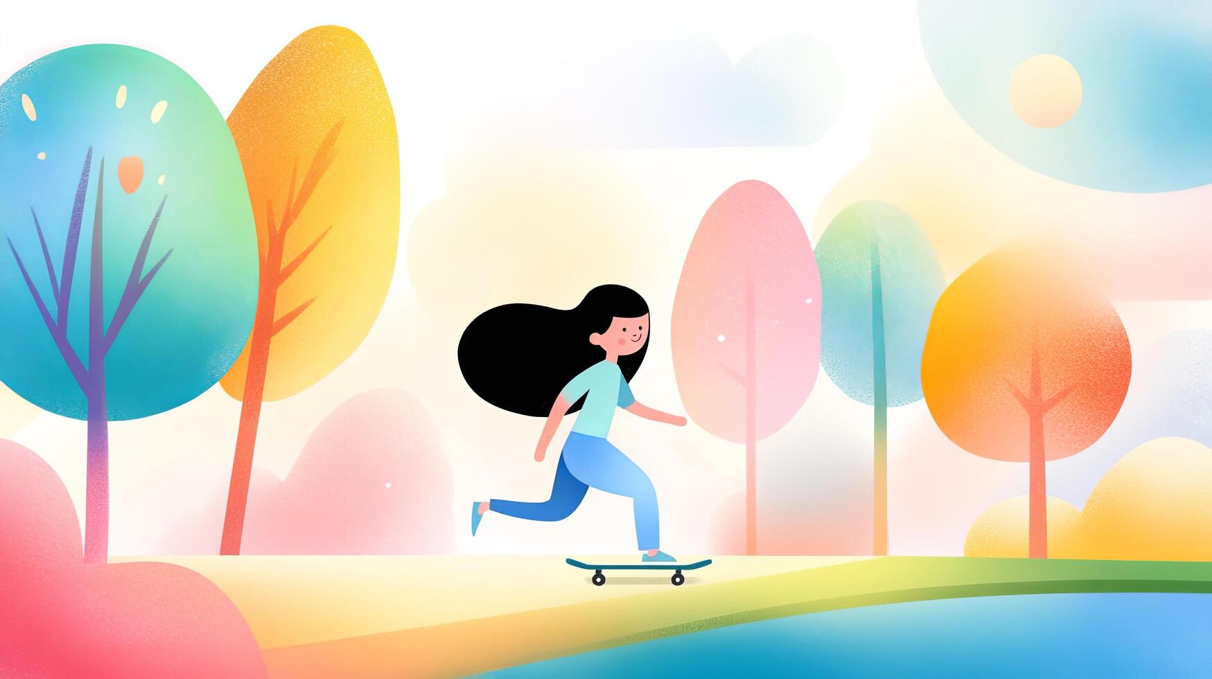 A colorful, playful illustration of a young girl skateboarding in a vibrant park photo