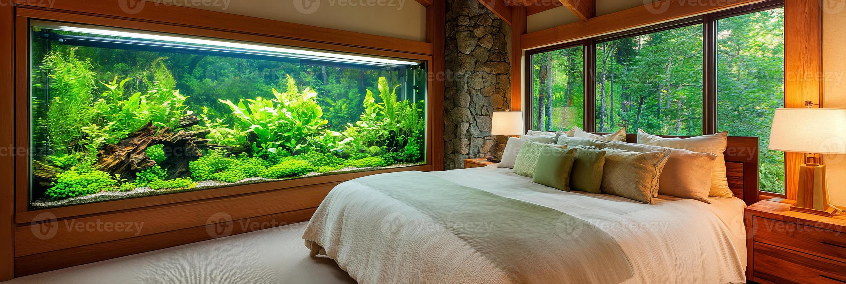 A cozy rustic bedroom featuring a large built-in aquarium filled with lush greenery, adjacent to a stone wall photo