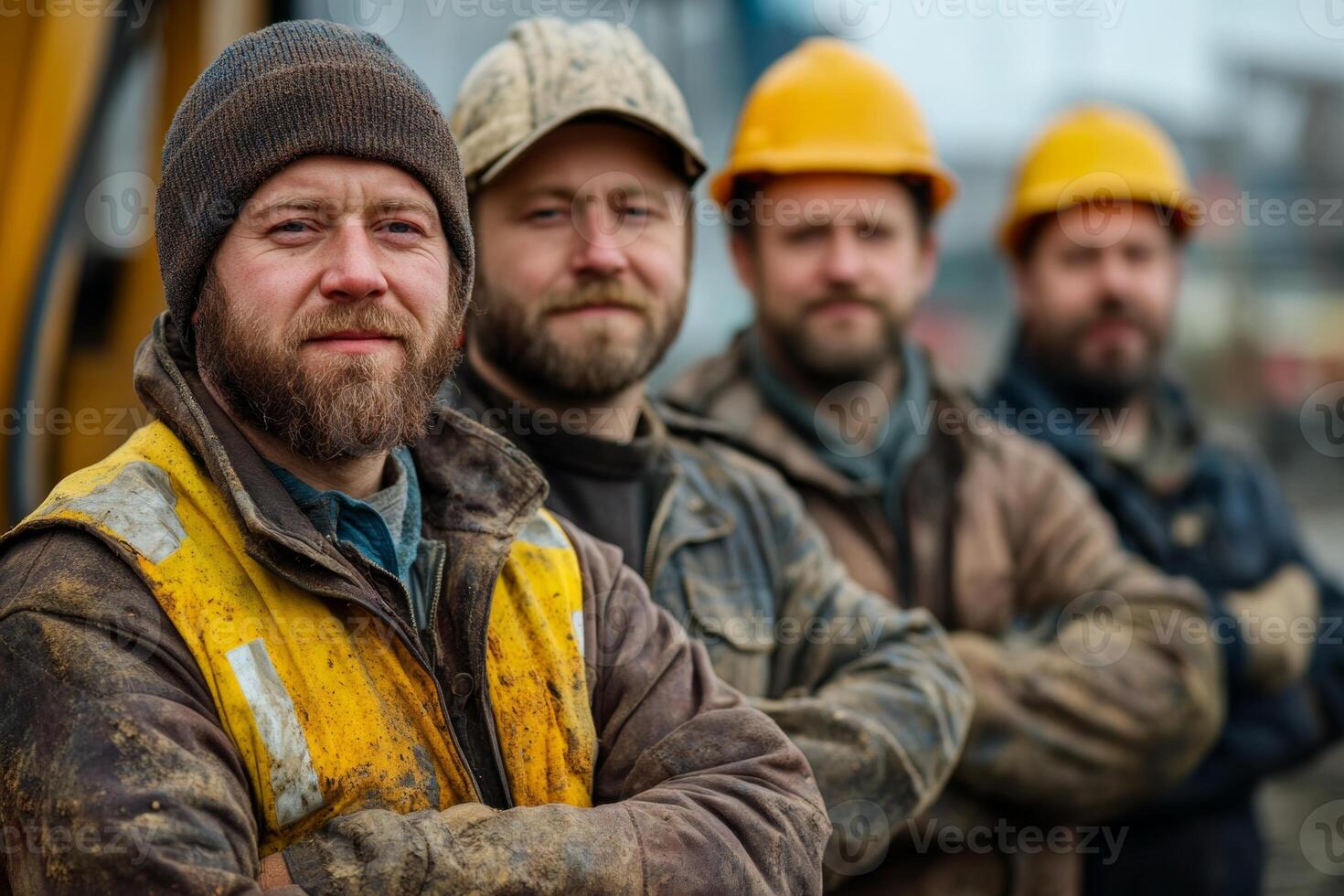 A group of rugged construction workers, dressed in worn, heavy-duty jackets photo