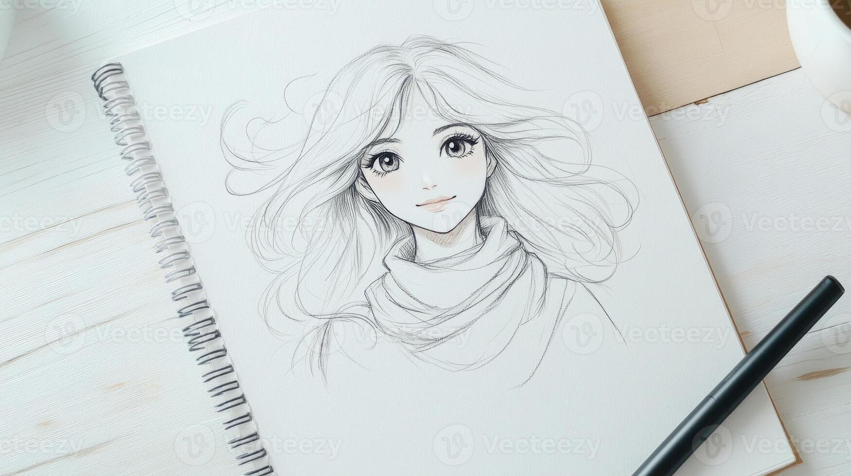 A hand-drawn anime character sketched in a spiral-bound notebook, featuring a girl with flowing hair photo