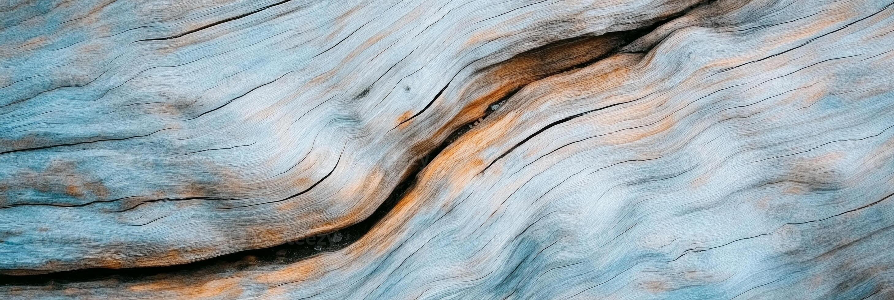Close-up view of a rustic wood texture featuring dark brown and sage green tones in high detail photo