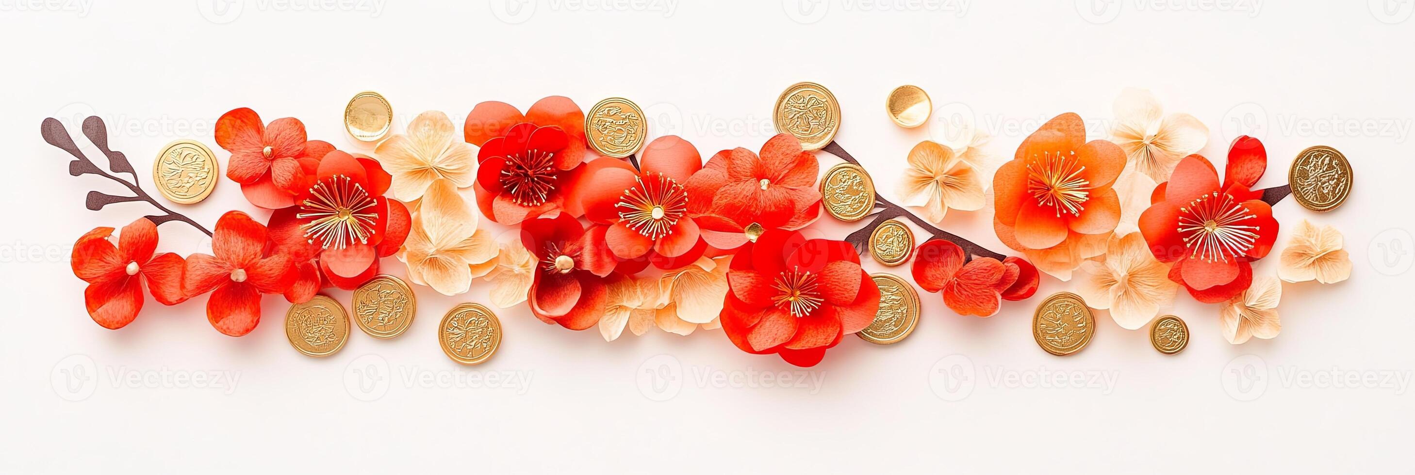 Celebrate Chinese New Year 2025 with vibrant decorations featuring red paper cutouts, golden coins, and lanterns photo