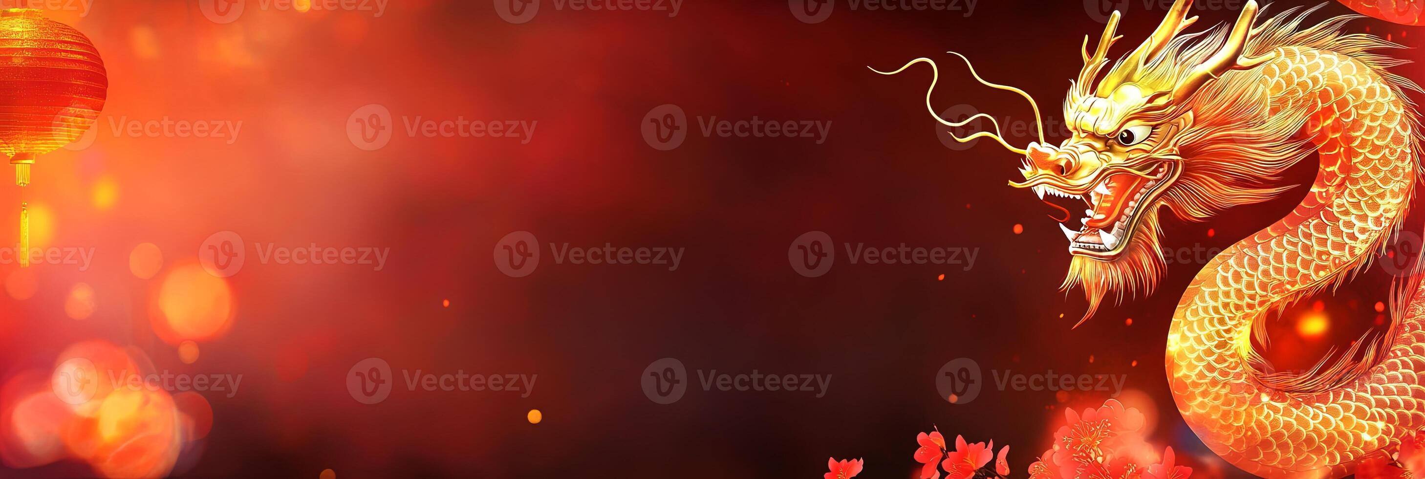 Golden dragon celebrates 2025 with red lanterns and blossoms for Chinese New Year on dark red background photo