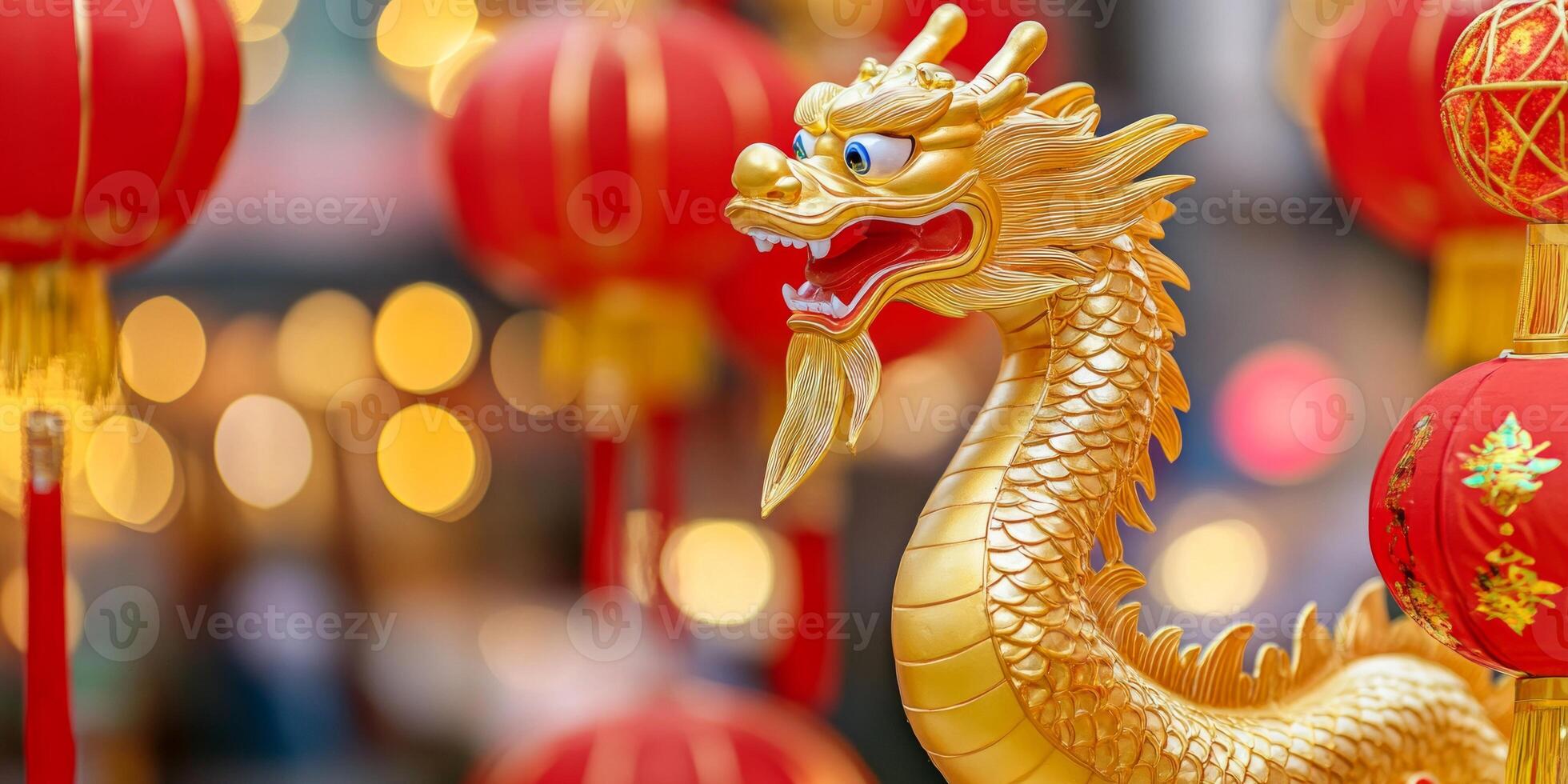 A vibrant golden dragon weaves through colorful clouds and lanterns during a traditional Chinese New Year celebration photo