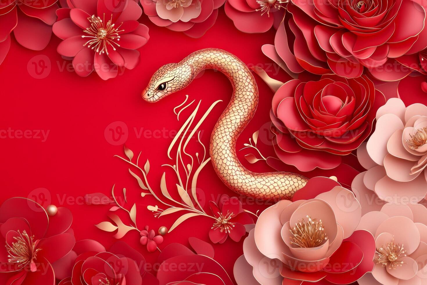 Traditional Chinese New Year decorations featuring golden snake and floral elements on a vibrant red background photo