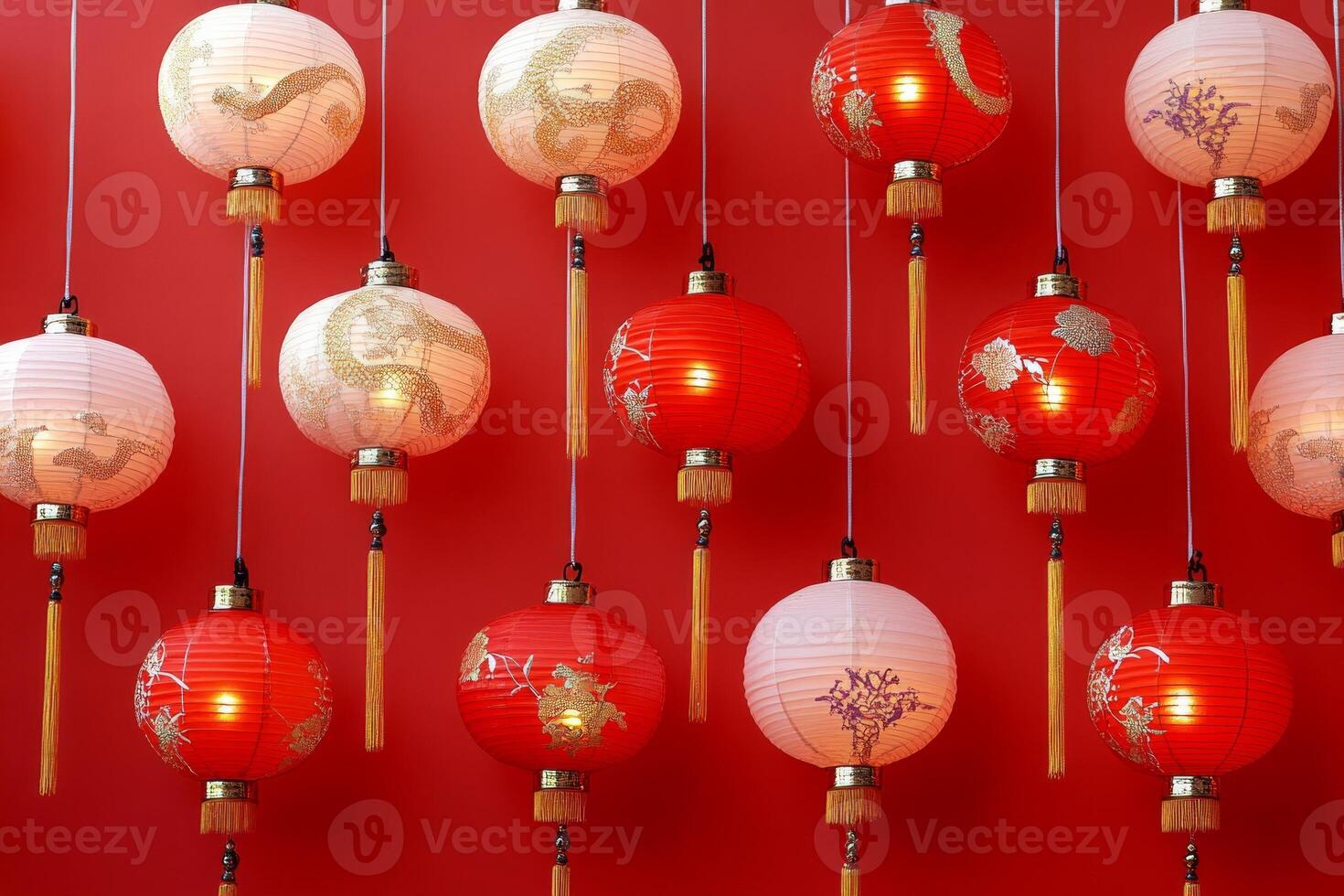 Vibrant red backdrop adorned with golden snake patterns and glowing lanterns for Chinese New Year celebrations photo