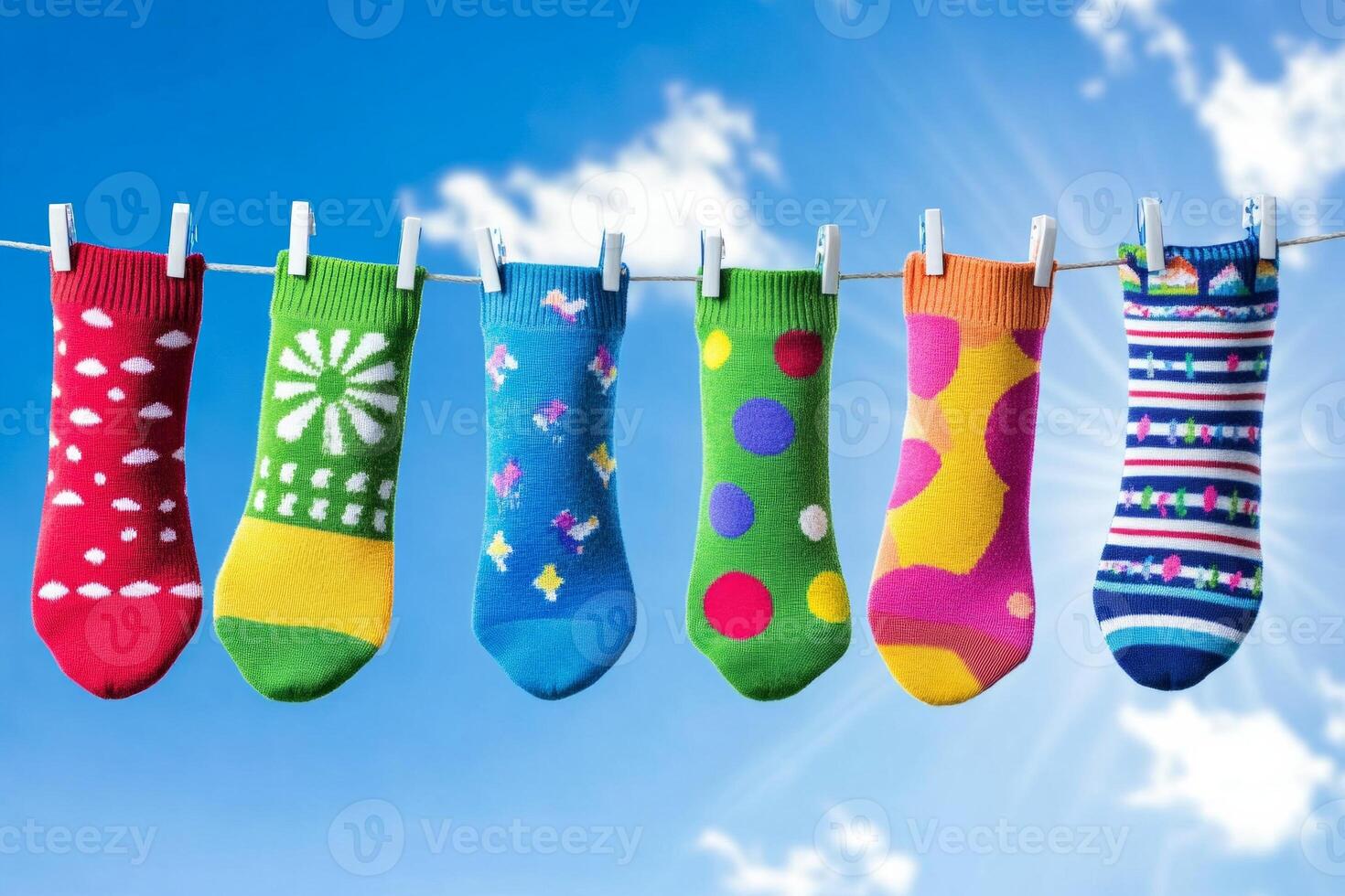 Colorful socks hanging against a bright blue sky in a cheerful outdoor setting photo