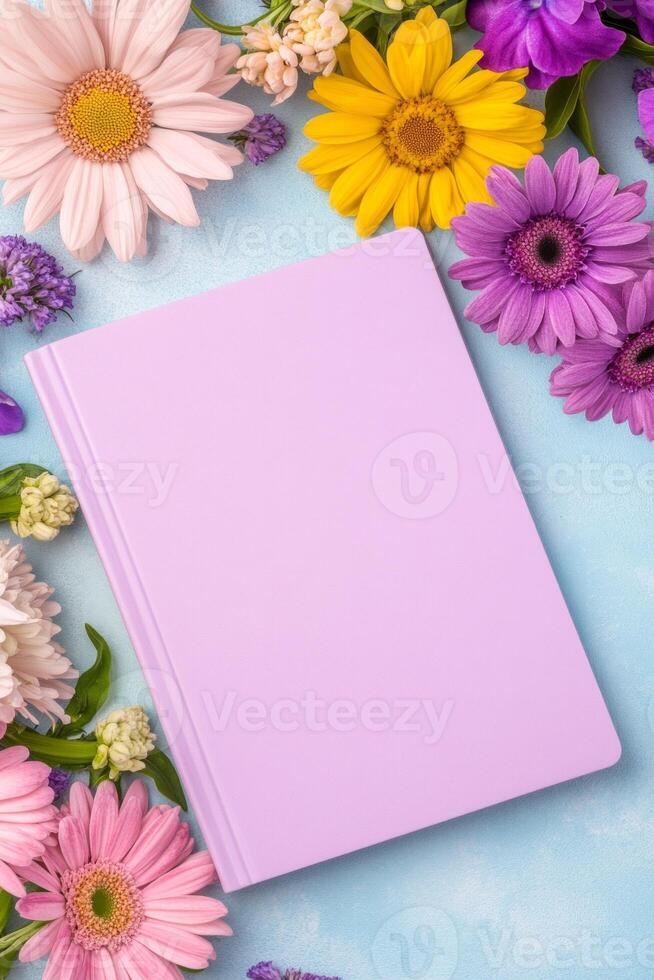 Blank cover white book mockup surrounded by colorful flowers on a light blue background photo