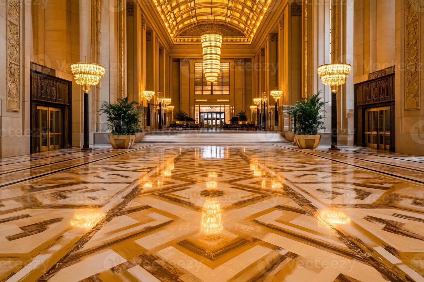 Explore the grandeur of a luxurious art deco hotel lobby featuring a stunning grand staircase and marble flooring photo