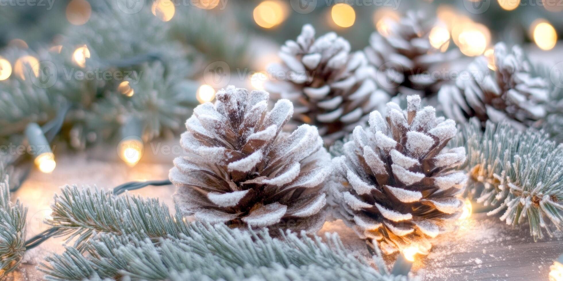 Cozy Christmas frame with twinkling lights, evergreen branches, and snow-dusted pinecones for a festive atmosphere photo