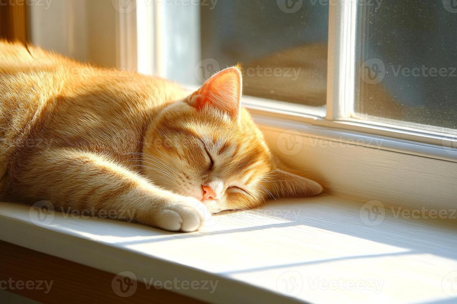 A peaceful cat napping on a sunny windowsill while gentle shadows dance around photo