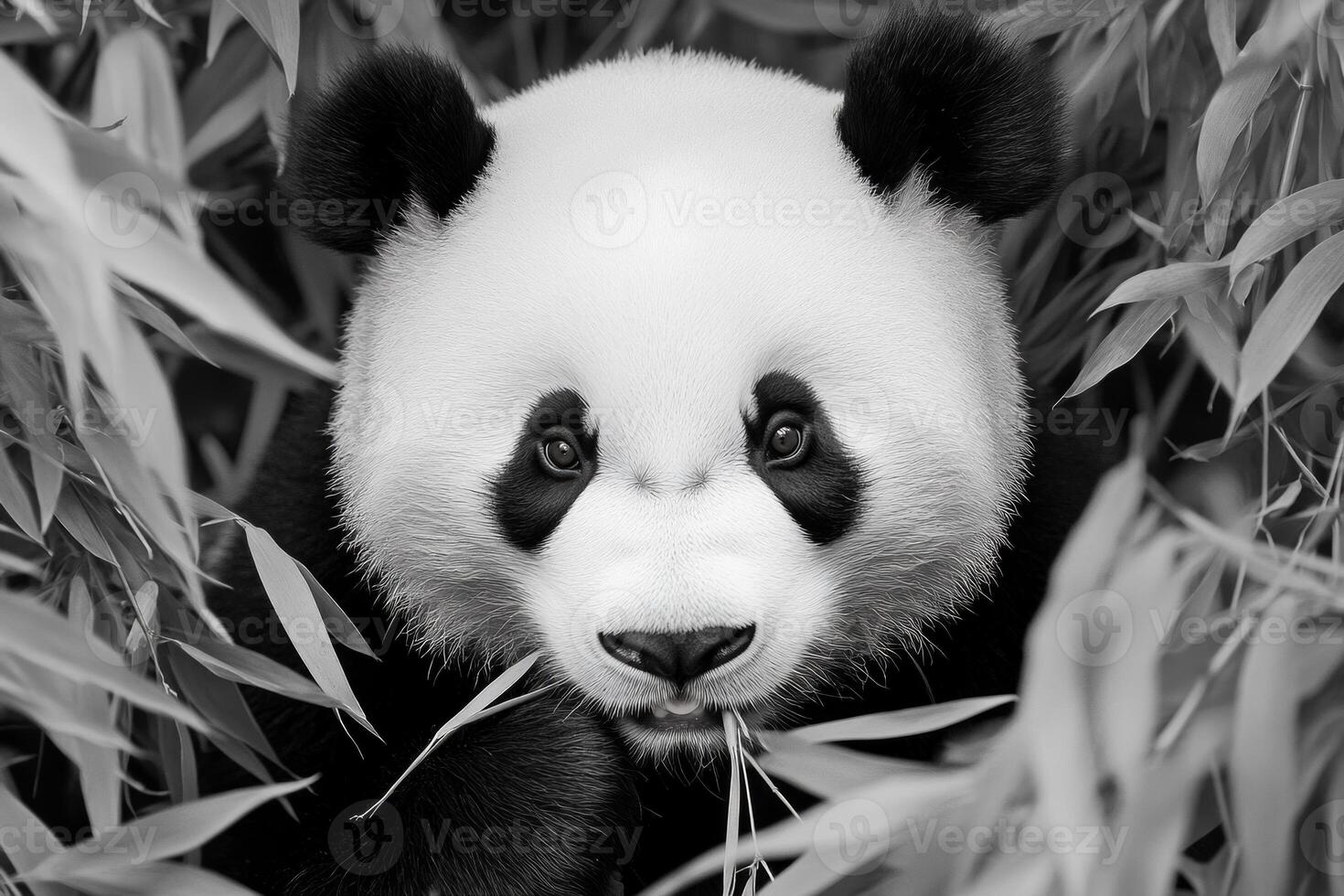 A panda bear enjoying bamboo in a lush forest with soft natural light enhancing its black-and-white fur photo
