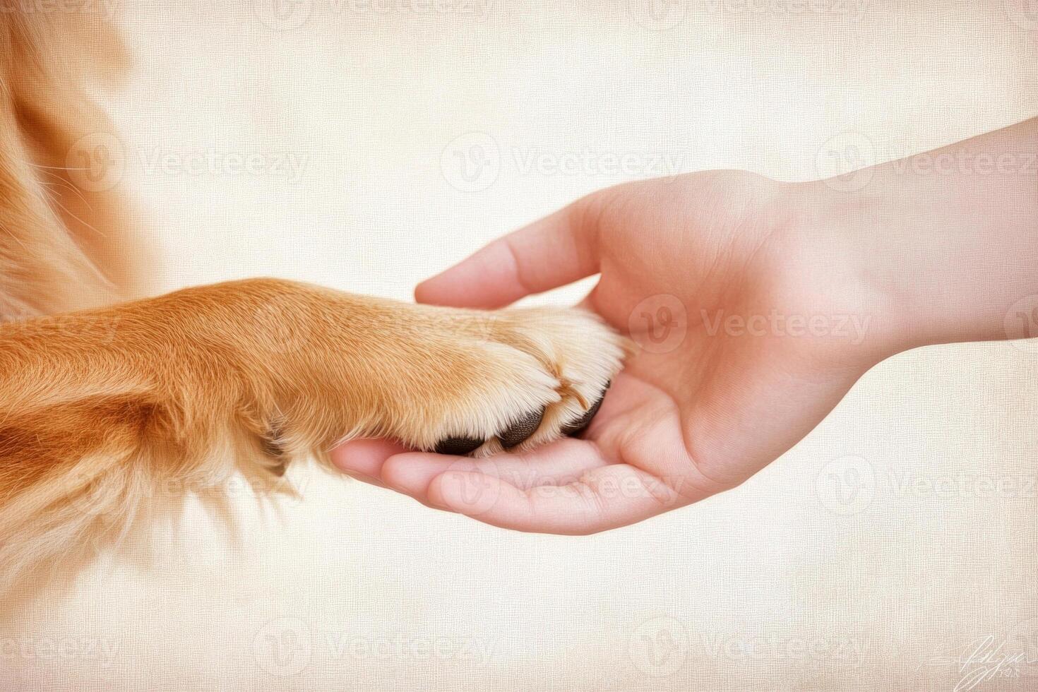 A gentle dog paw rests on a human hand, symbolizing trust and friendship in soft indoor light photo