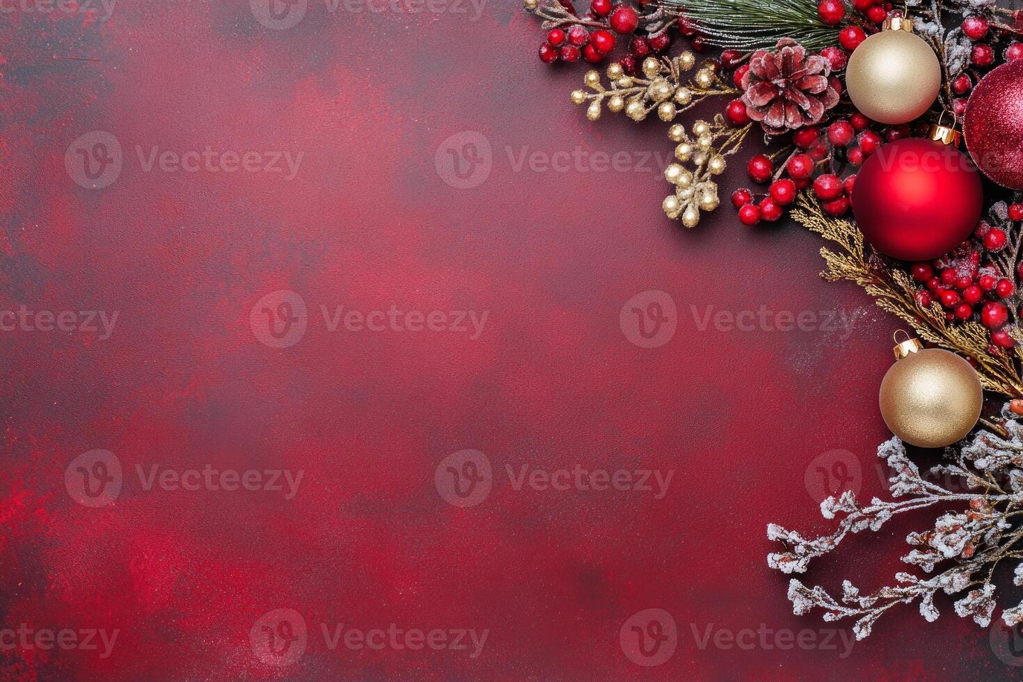 Decorative Christmas border featuring ornate red ornaments and shimmering snowflakes on a rich red background photo