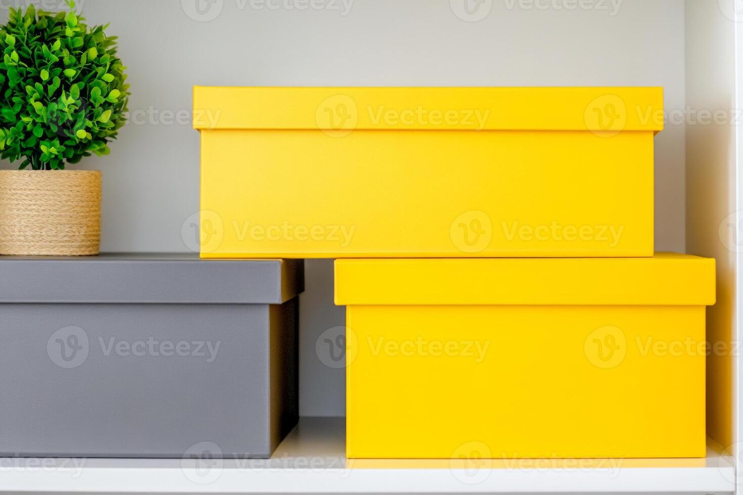 Organized storage with minimalist mustard yellow and dark gray boxes on a clean shelf photo